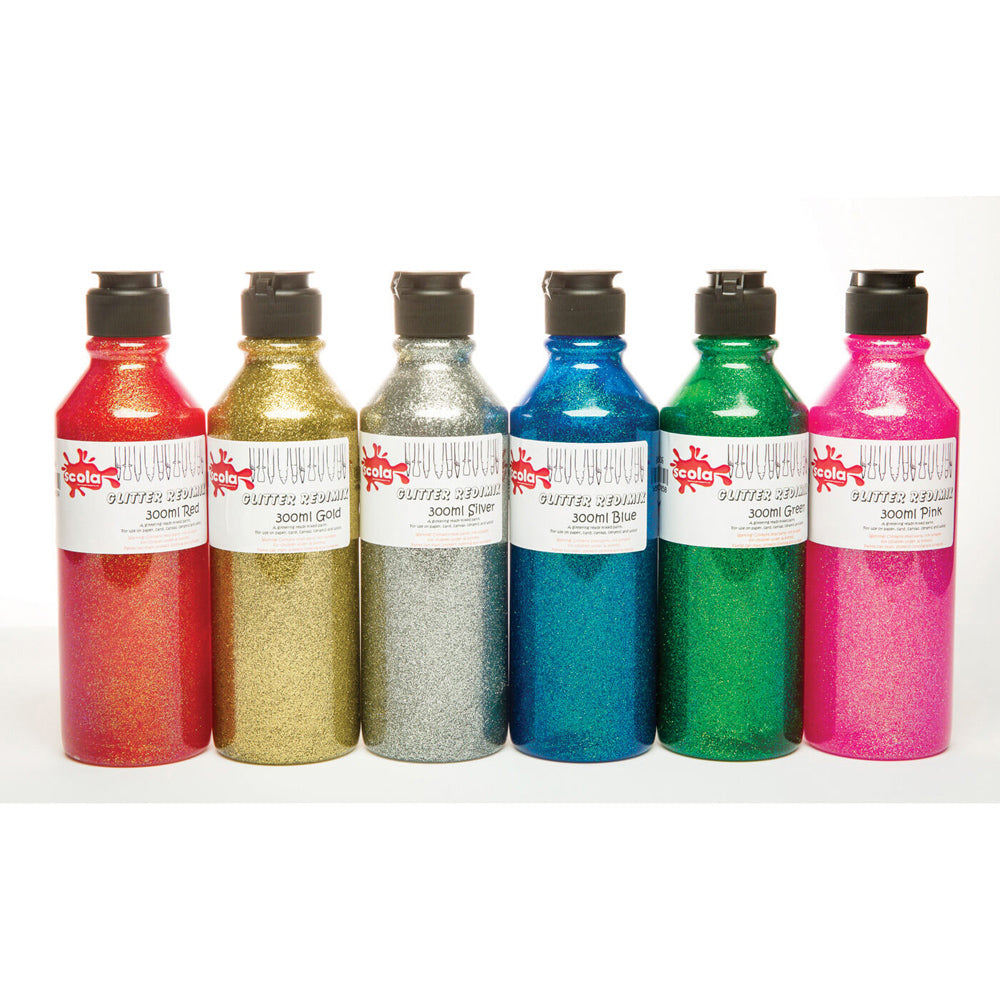 Six 300ml bottles of Tilgear glitter paint in assorted colors, perfect for art and craft projects, displayed in a pack.