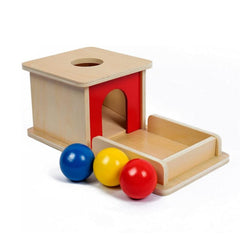 Object Permanence Box with Tray-3 wood balls in red, blue and yellow