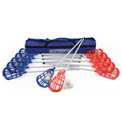 POP LACROSSE SET, RED AND BLUE STICKS, BALLS AND HOLDALL