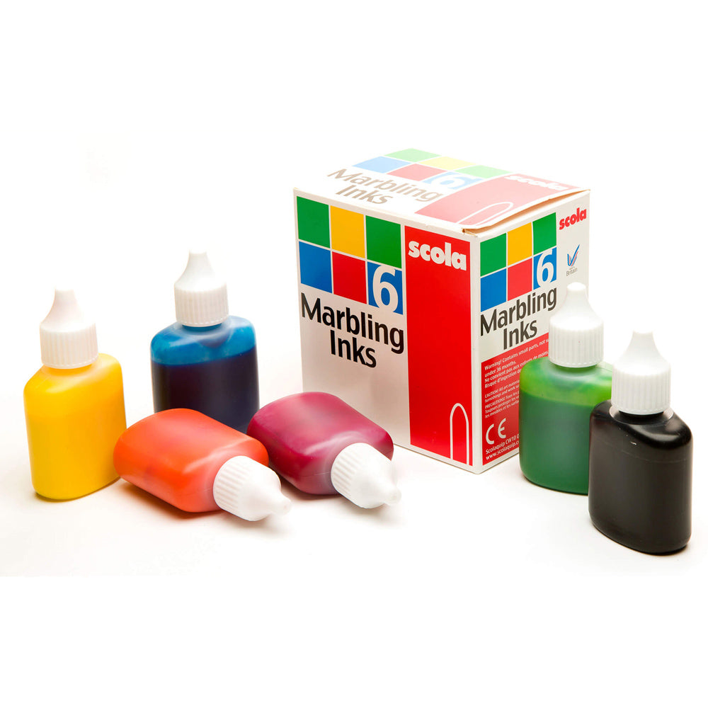 Assorted 25ml marbling ink bottles from Tilgear, art and craft paints for creating vibrant marbled designs.