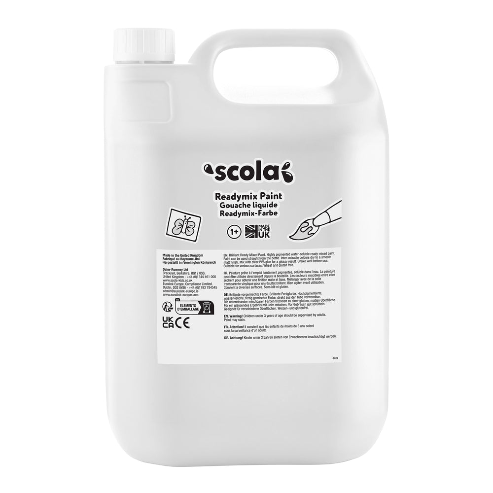 White ready-mixed poster paint in a 5-liter container by Tilgear, suitable for art and craft projects.