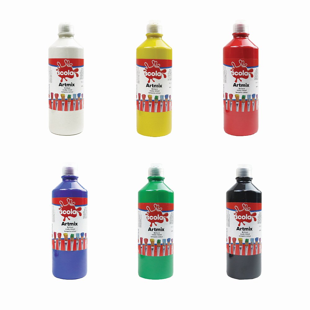 Set of six 600ml bottles of Tilgear Ready Mixed Poster Paint in assorted colors for arts and crafts projects.