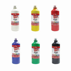 Set of six 600ml bottles of Tilgear Ready Mixed Poster Paint in assorted colors for arts and crafts projects.