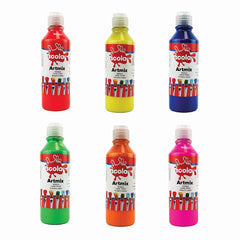 Pack of six fluorescent Ready Mixed Poster Paints by Tilgear, vibrant art and craft paints for creative projects.