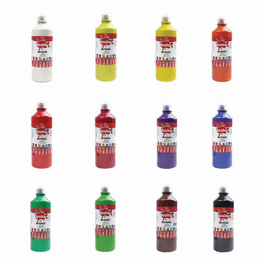Assorted 600ml pots of Tilgear Ready Mixed Poster Paint in a pack of 12, ideal for art and craft projects.