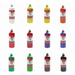 Assorted 600ml pots of Tilgear Ready Mixed Poster Paint in a pack of 12, ideal for art and craft projects.