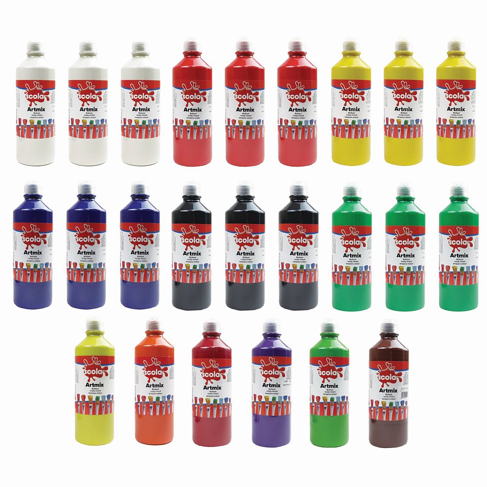 Assorted ready-mixed poster paints in 600ml bottles, Tilgear brand, shown in a pack of 24 for arts and crafts projects.
