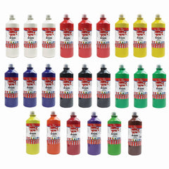 Assorted ready-mixed poster paints in 600ml bottles, Tilgear brand, shown in a pack of 24 for arts and crafts projects.