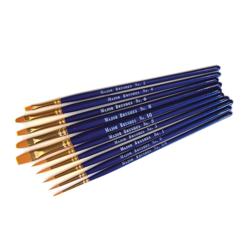 Set of 10 red synthetic sable art brushes, round and flat shapes, for painting and craft projects by Tilgear.