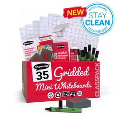 Show-me Classpack of 35 x A4 Gridded-Plain Whiteboards, with pens and erasers plus 2 free cleaners.
