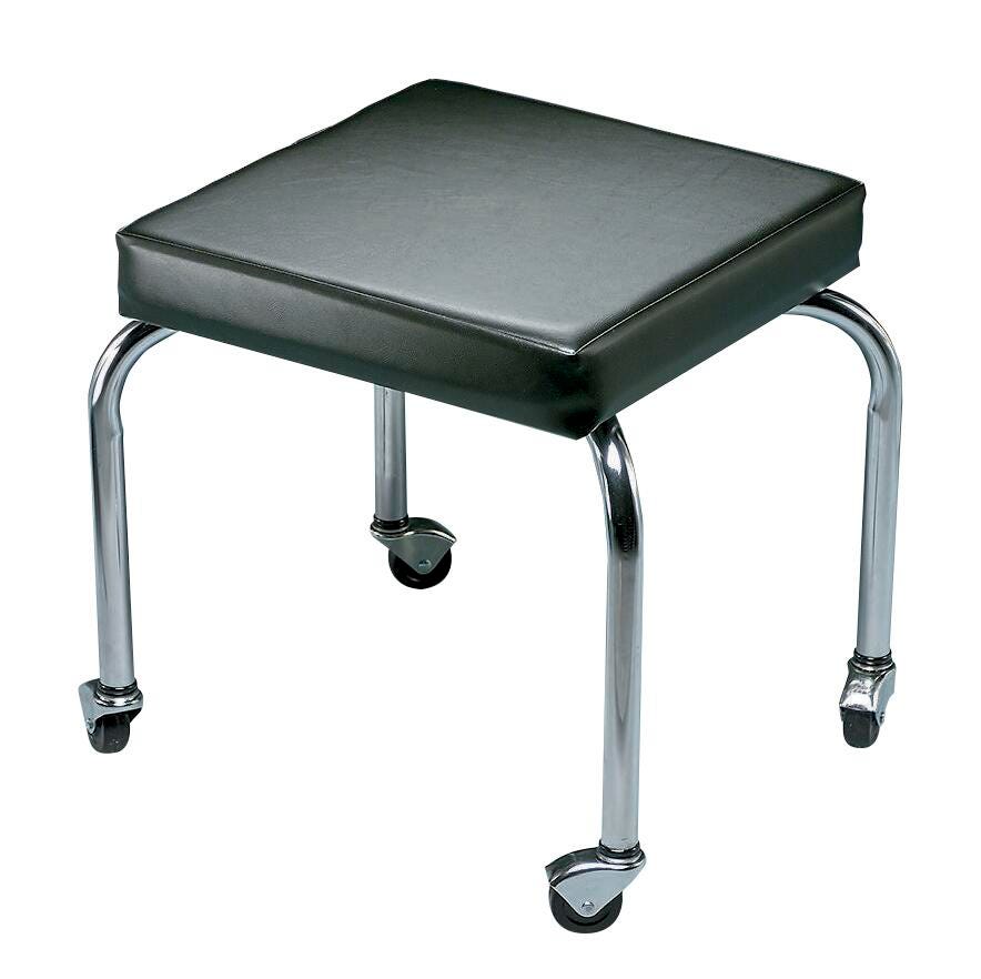 STOOL - CLINTON PT SCOOTER STOOL - 15X15 IN SQUARE - 18 IN FIXED HT - SWIVEL CASTERS - CHROME LEGS - BLACK VINYL