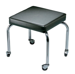 STOOL - CLINTON PT SCOOTER STOOL - 15X15 IN SQUARE - 18 IN FIXED HT - SWIVEL CASTERS - CHROME LEGS - BLACK VINYL