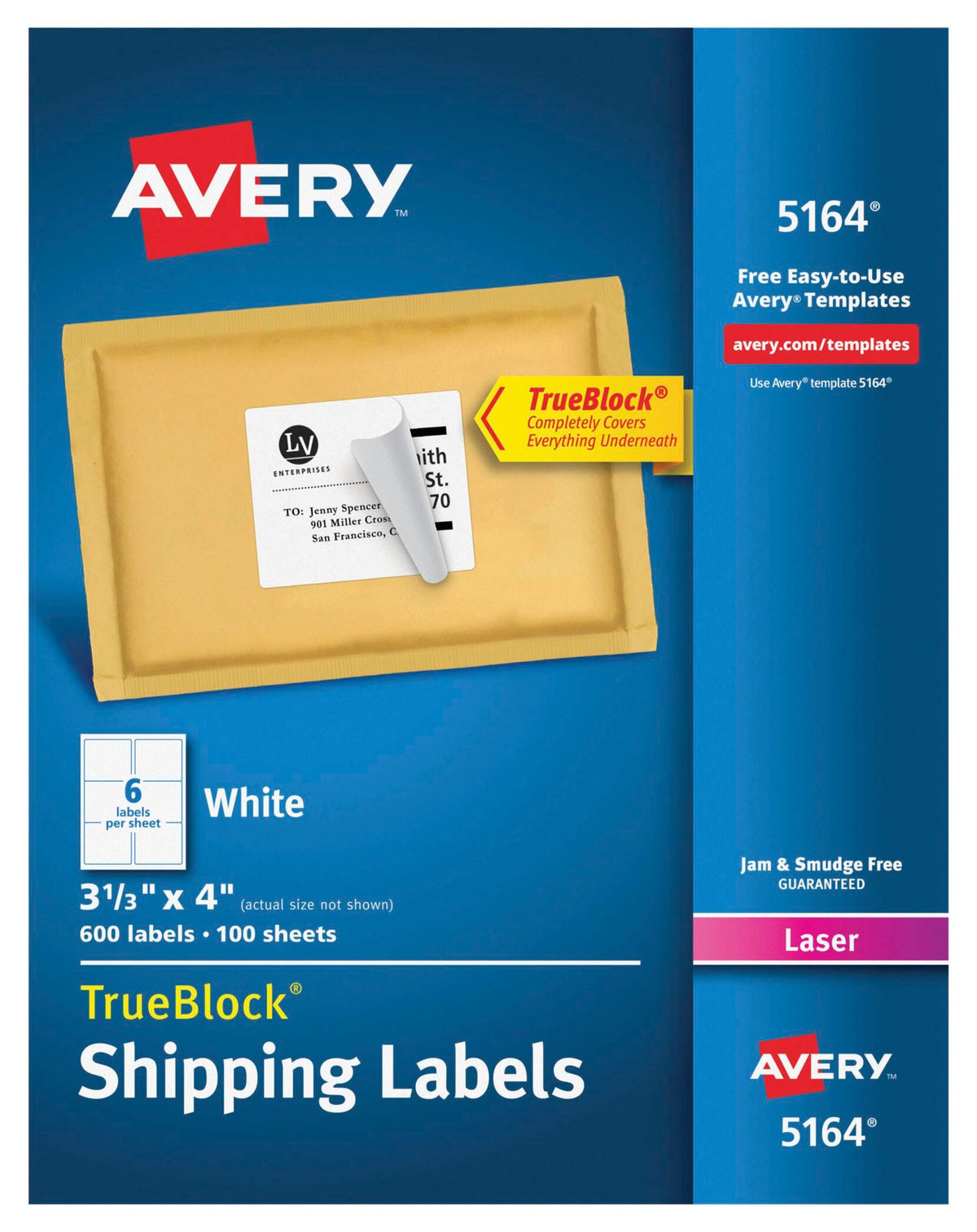 LABEL LASER SHIPPING 3-1/3 X 4 IN WHITE PK OF 600 AVE5164