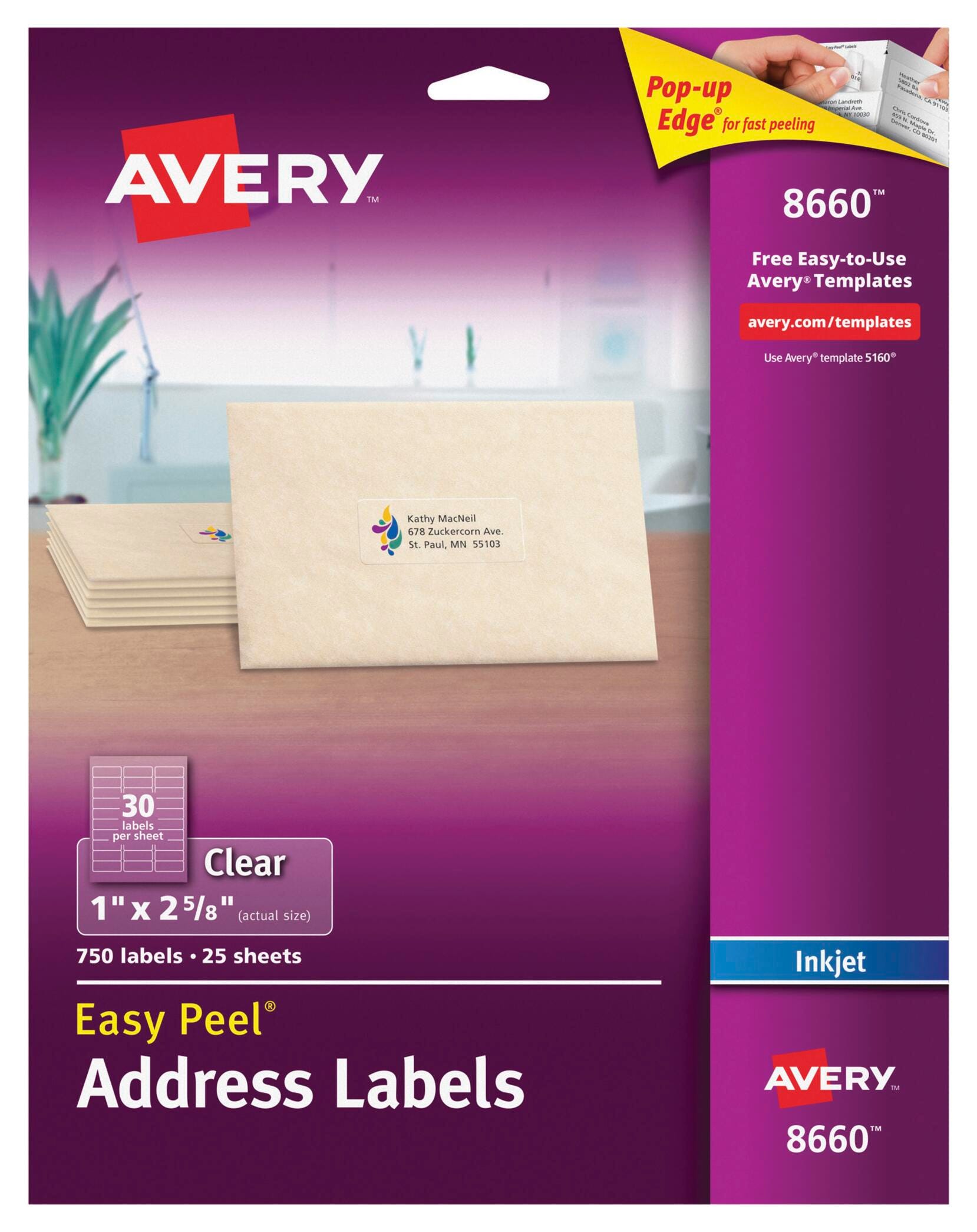 LABEL INKJET ADDRESS 1 X 2-5/8 IN CLEAR PK OF 750 AVE8660