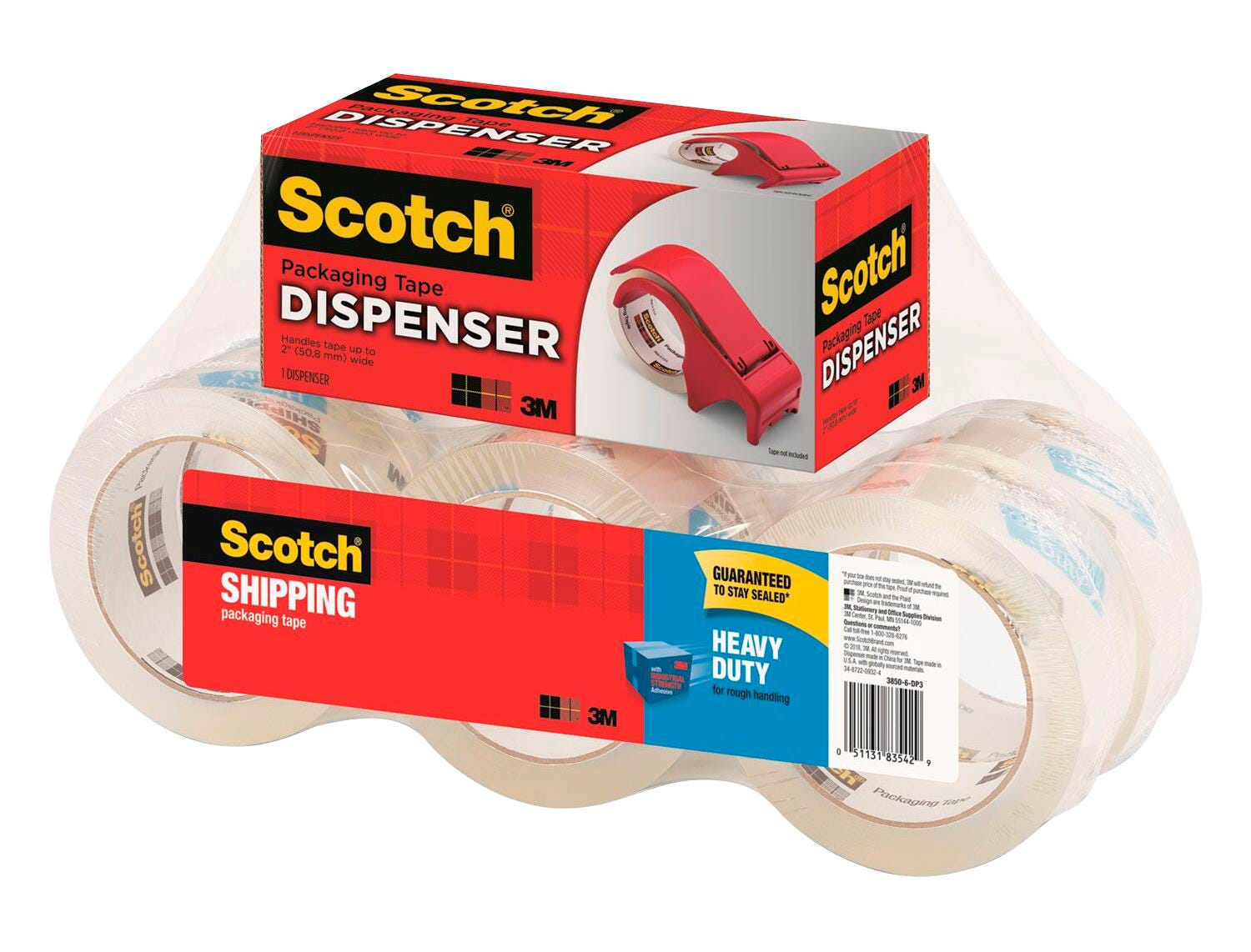 TAPE SCOTCH 3850 HEAVY-DUTY PACKAGING 1.88IN X 54.6YD W/DISPENSER PK/6