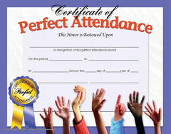 CERTIFICATES 8 1/2X11 PERFECT ATTENDANCE SET OF 30