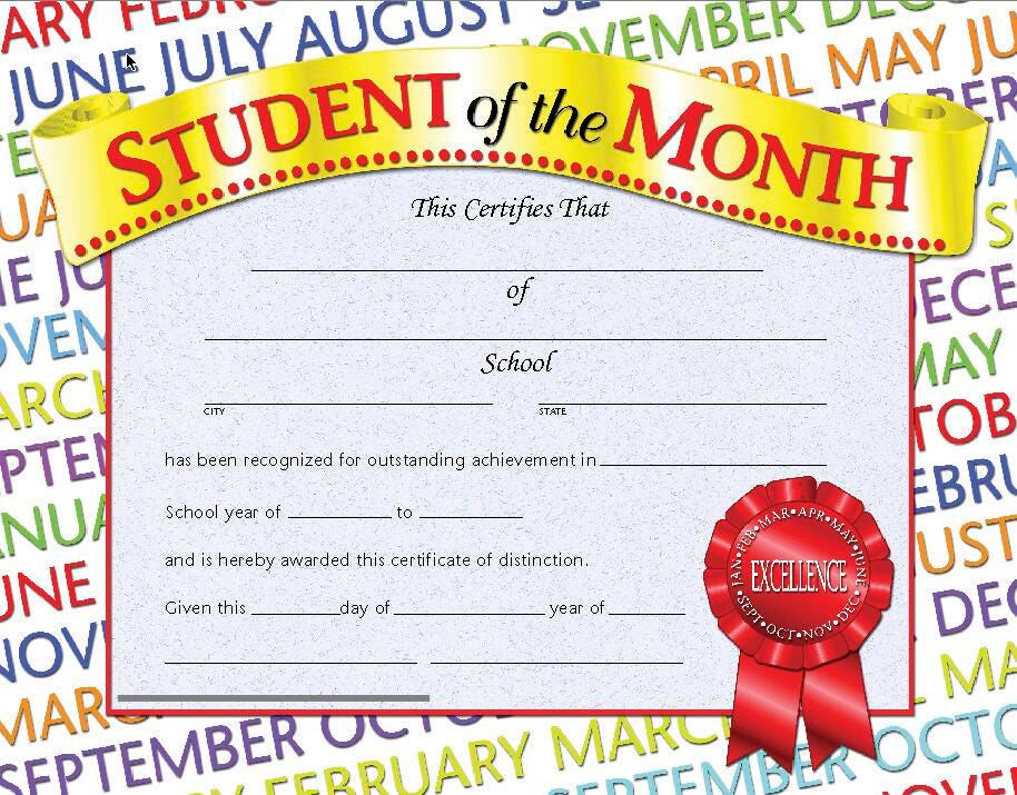 CERTIFICATES 8 1/2X11 STUDENT OF THE MONTH SET OF 30