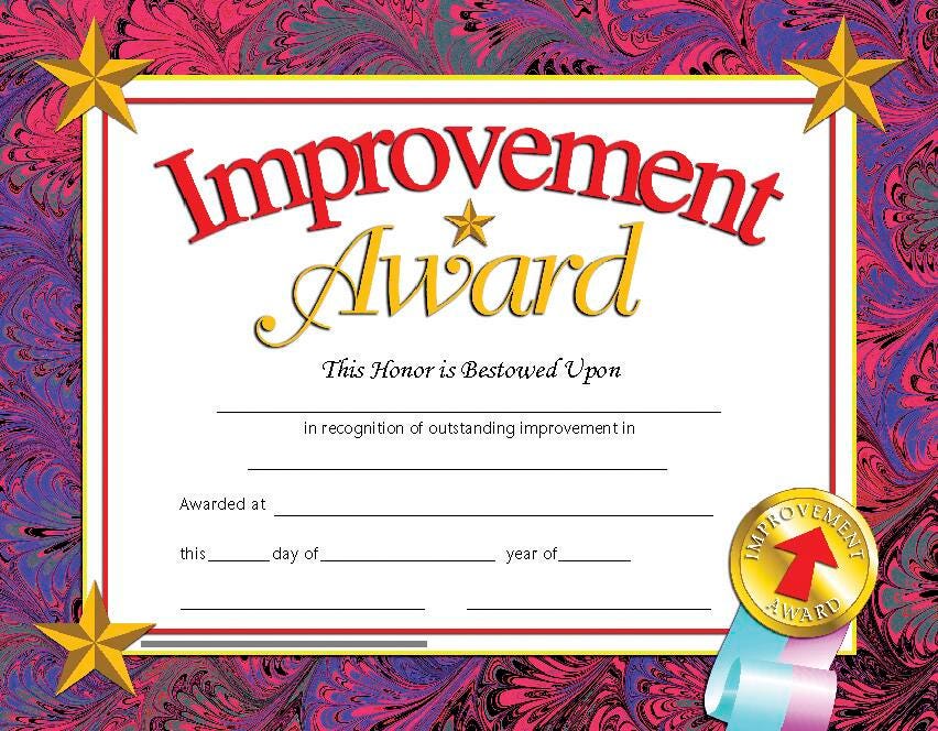CERTIFICATES 8 1/2X11 IMPROVEMENT AWARD SET OF 30