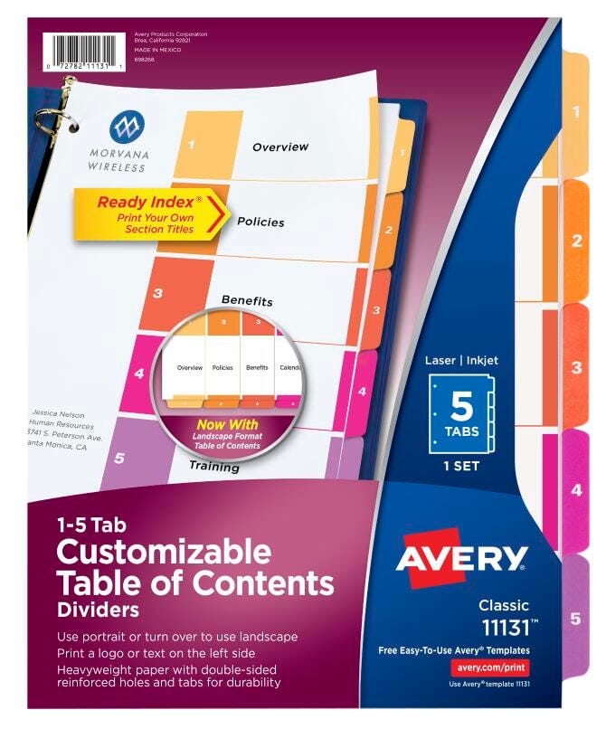 INDEX DIVIDER 5 TAB 1-5 ASST COLOR 1 SET AVE11131