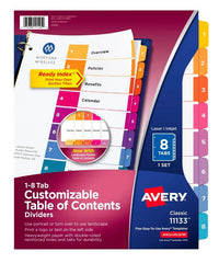 INDEX DIVIDER 8 TAB 1-8 ASST COLOR 1 SET AVE11133
