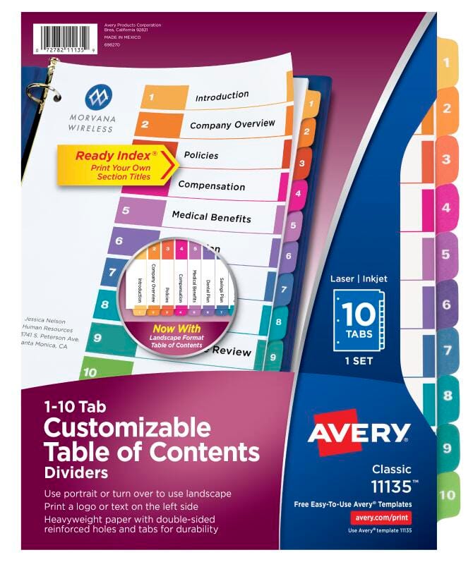 INDEX DIVIDER 10 TAB 1-10 ASST COLOR 1 SET AVE11135