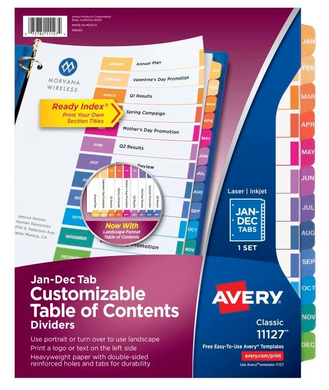 INDEX DIVIDER 12 TAB JAN-DEC ASST COLOR 1 SET AVE11127