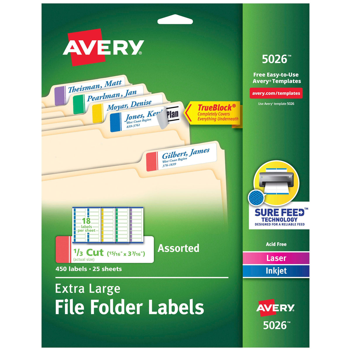 LABEL FILE FOLDER 15/16X3-7/16 IN ASST COLOR PK OF 450 AVE5026
