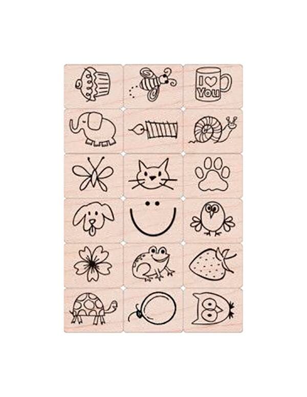 STAMPS WOODEN W/ 1 INKER ORIGINAL MIX SET OF 18