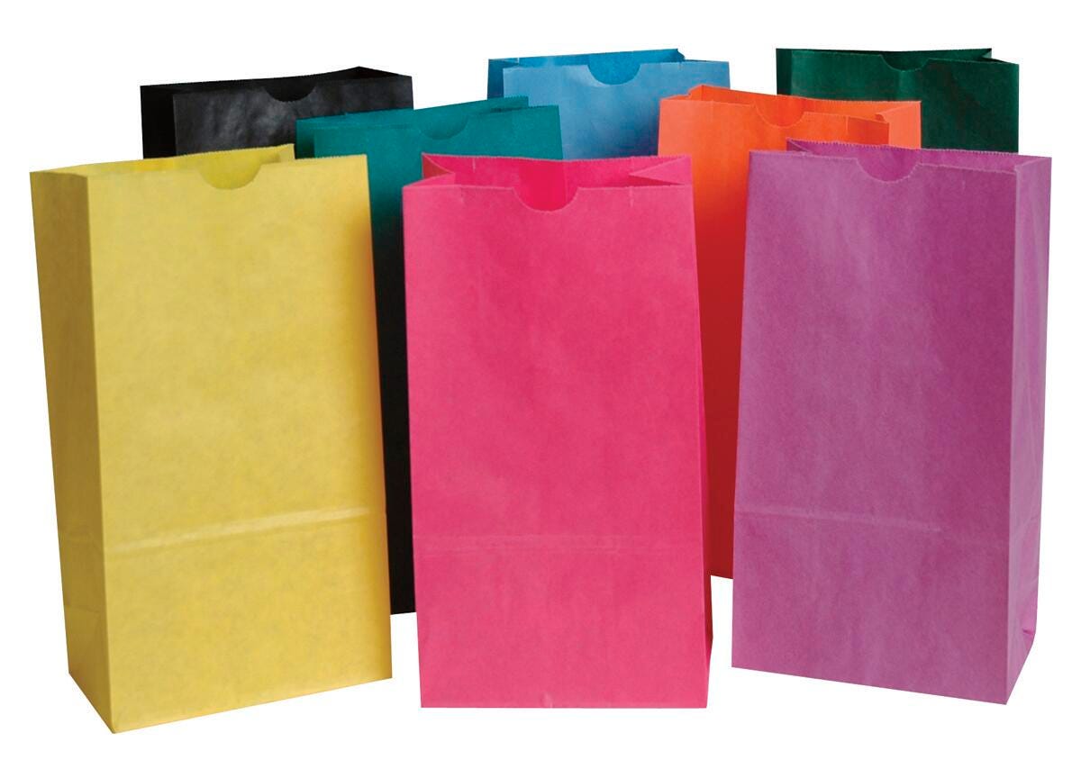 PAPER BAG FLAT BOTTOM 6X11 IN ASST BRT COLORS PK OF 28 SCHOOL SMART