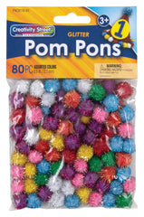 POM PONS 1/2 INCH ASSORTED GLITTER COLORS SET OF 80
