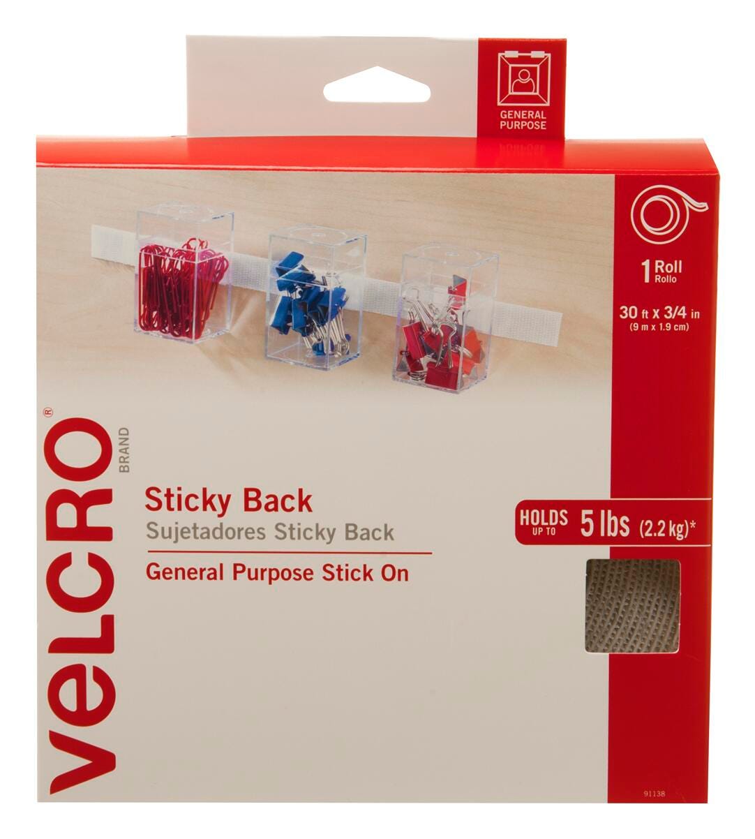 TAPE STICKY BACK HOOK AND LOOP 3/4X30 WHITE VEK91138