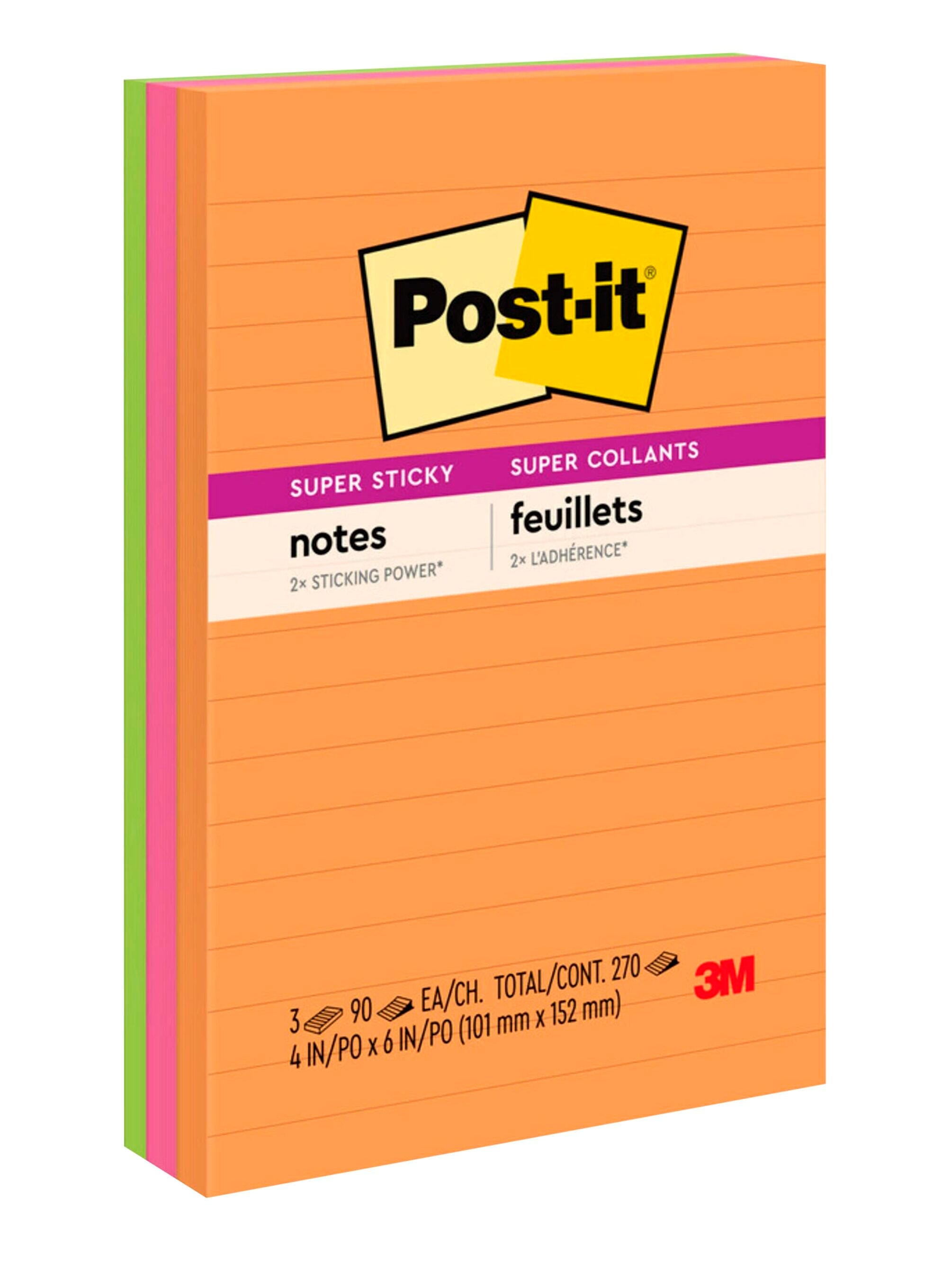 POST-IT NOTE SUPER STICKY 4X6 LINED ENERGY BOOST PACK OF 3