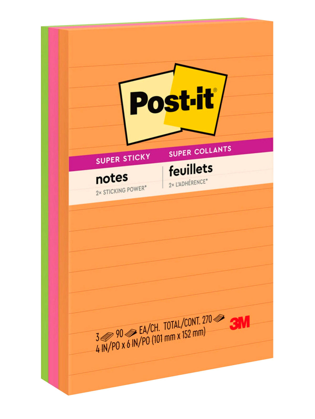 POST-IT NOTE SUPER STICKY 4X6 LINED ENERGY BOOST PACK OF 3