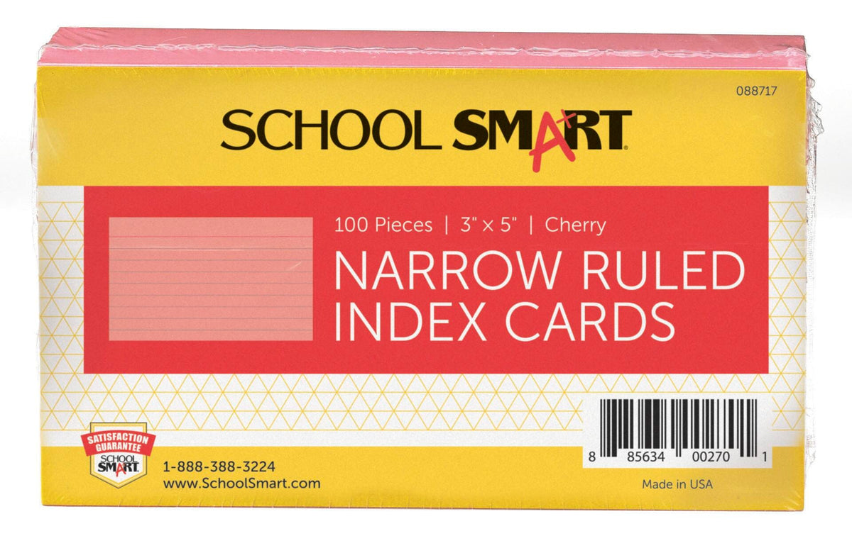 INDEX CARDS 3X5 RULED CHERRY PK OF 100 SCHOOL SMART
