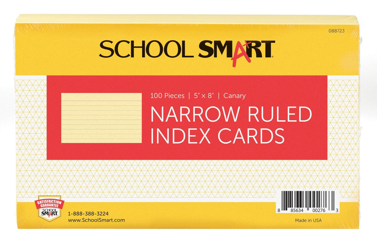CARDS INDEX 5X8 RULED CANARY PK OF 100 SCHOOL SMART