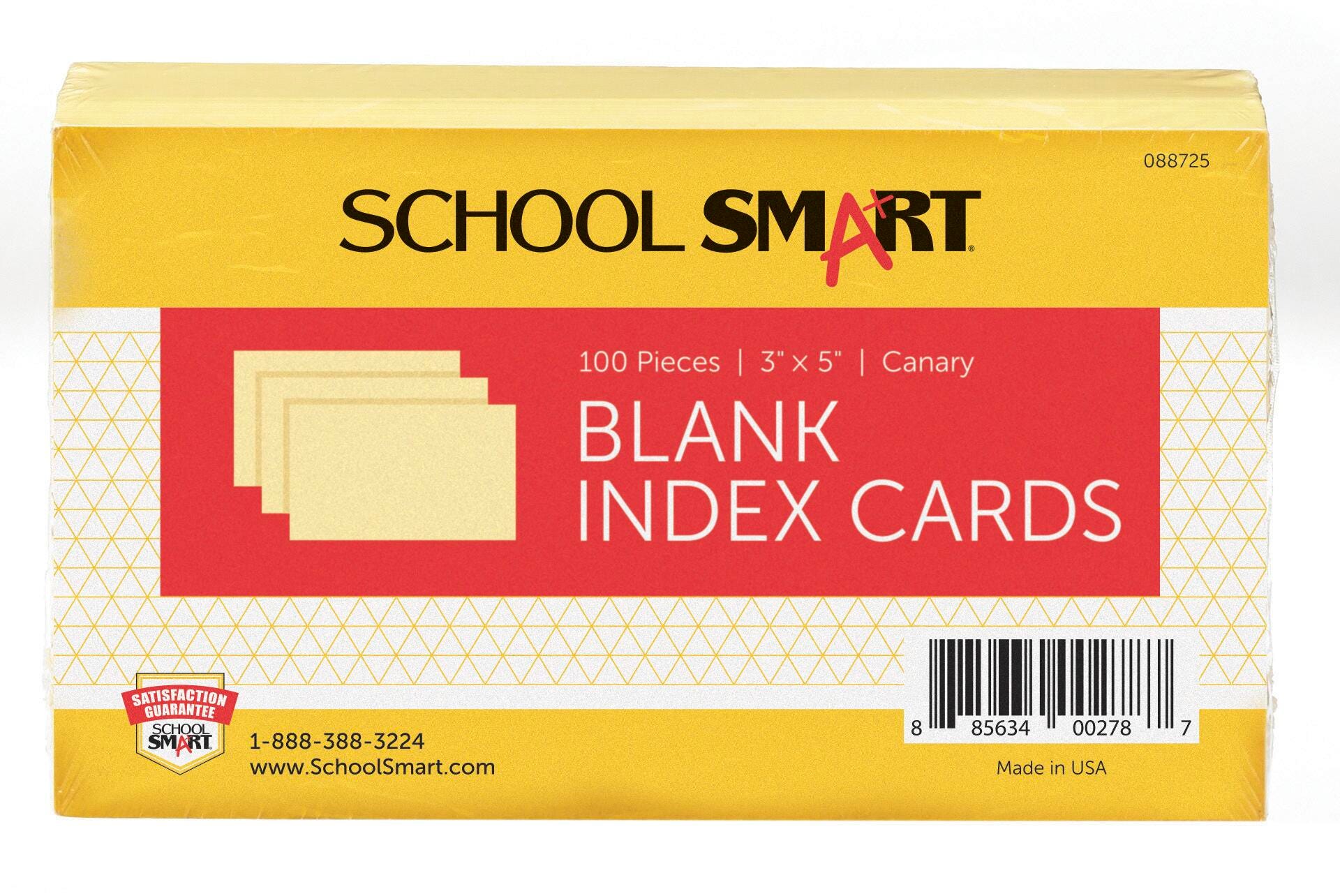 INDEX CARD 3X5 PLAIN CANARY PACK OF 100 SCHOOL SMART