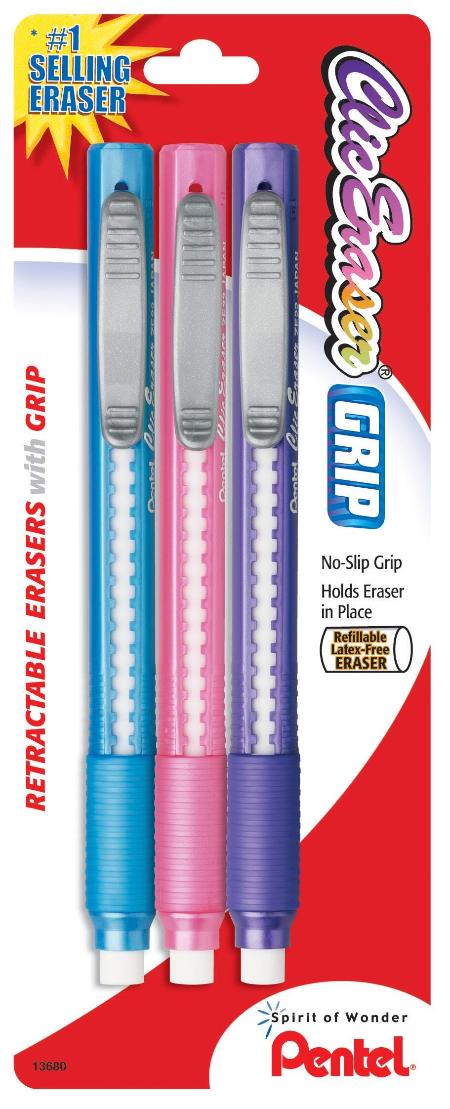 CLIC-ERASER GRIP LATEX-FREE ASSORTED BARRELS SET OF 3