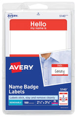NAME BADGE ADHESIVE HELLO 2-1/3X3-3/8 IN RED PK OF 100 AVE5140