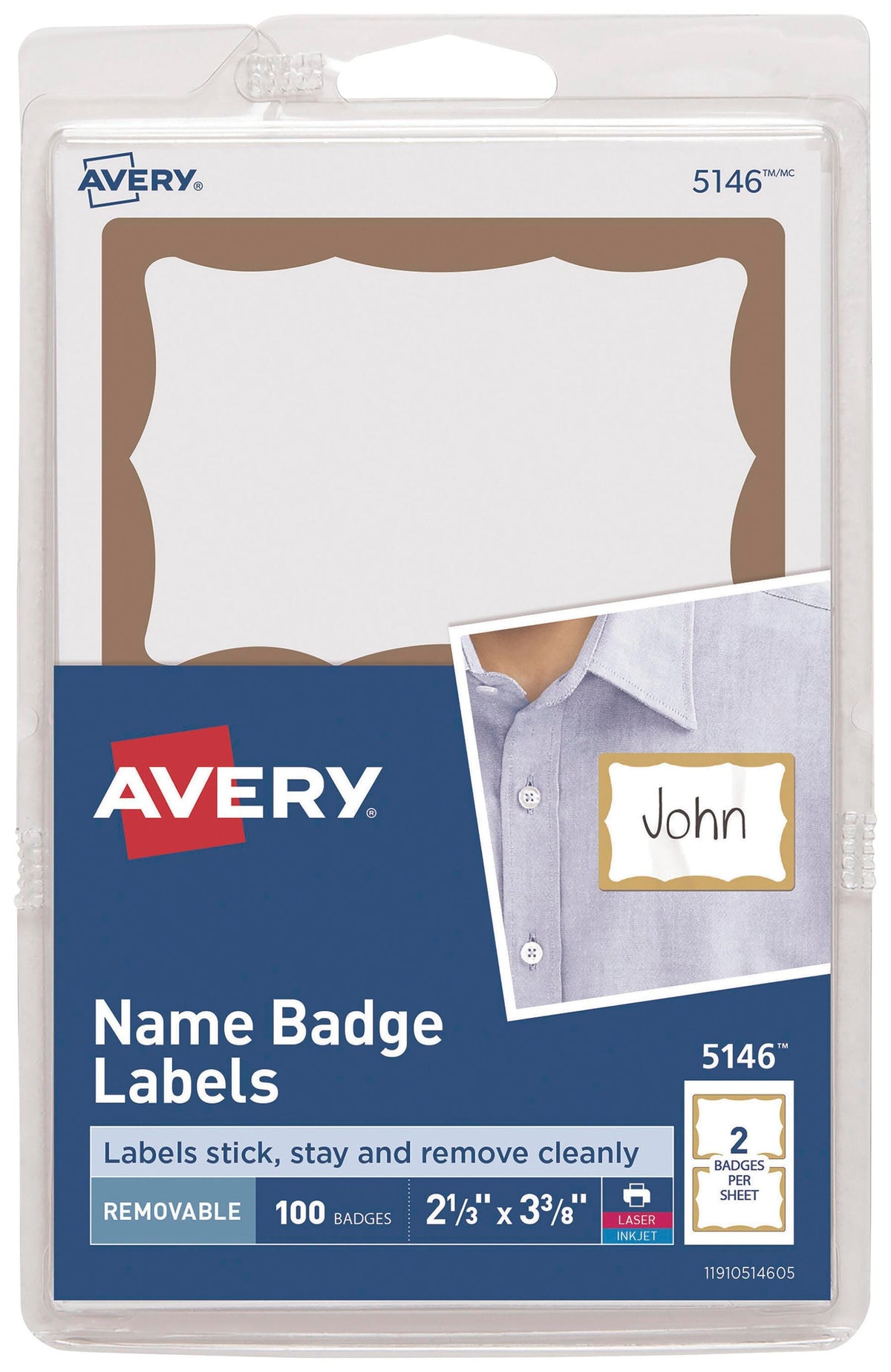 NAME BADGE ADHESIVE 2-1/3X3-3/8 IN GOLD BORDER PK OF 100 AVE5146
