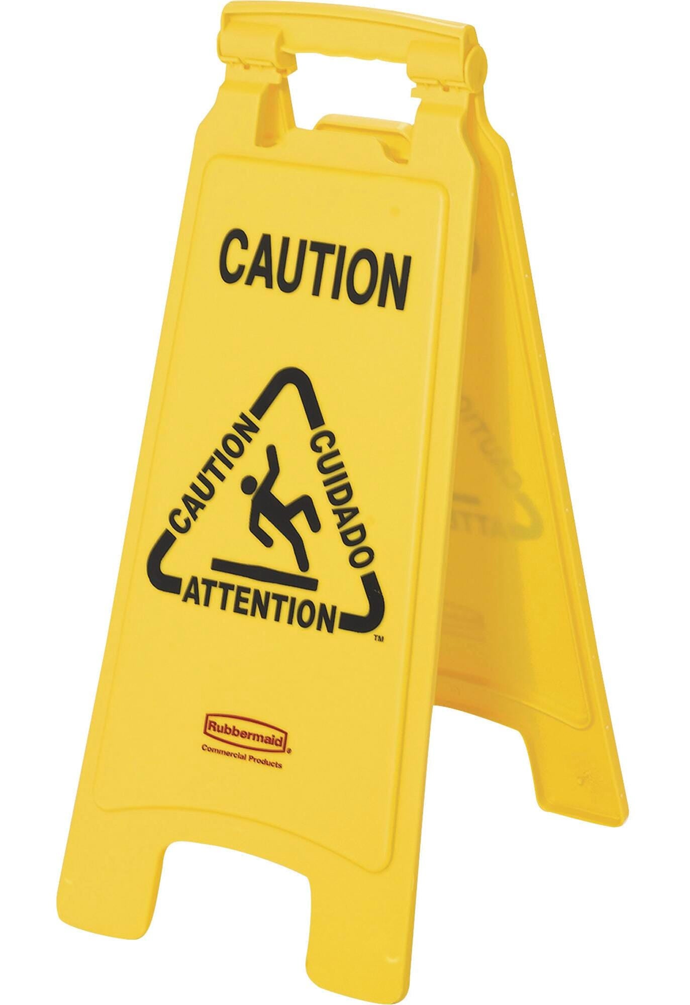 SIGN - SP RICHARDS CO - MULTI-LINGUAL CAUTION FLOOR SIGN - ENGLISH/FRENCH/SPANISH/GERMAN - 11 W X 26 D X 25 H IN - YELLOW COLOR - EACH
