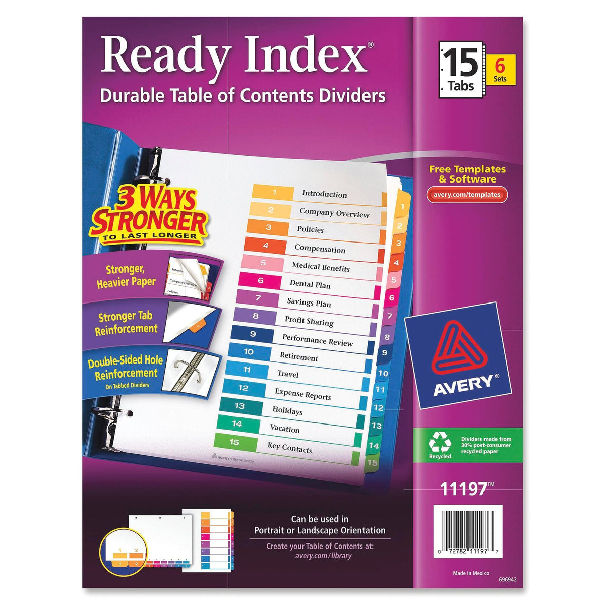 INDEX DIVIDER 15 TAB 1-15 ASST COLOR 6 SETS AVE11197
