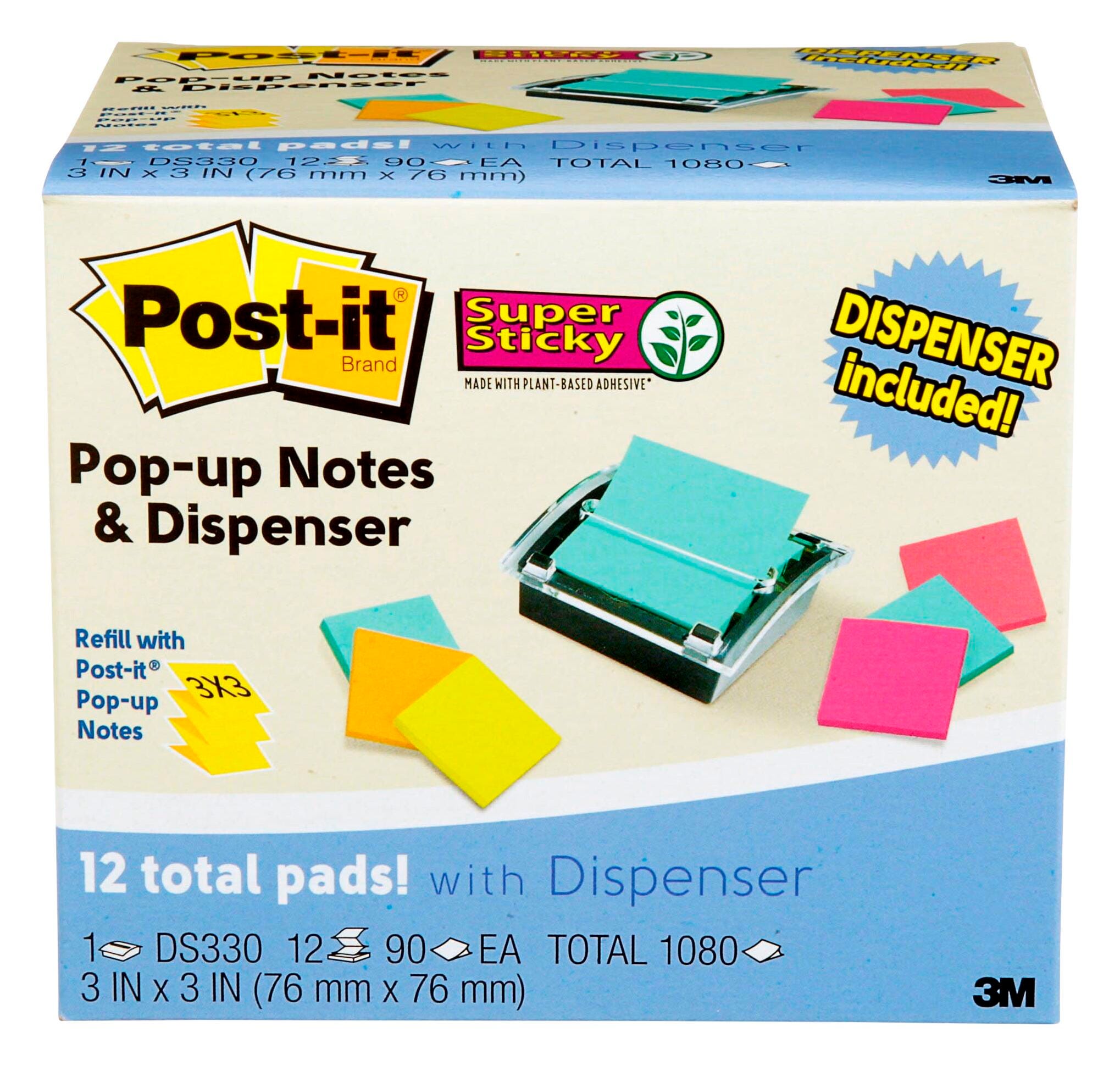 PAPER POST-IT NOTE SUPR STK POP-UP 3X3 DISPNSR W/PACK OF 12