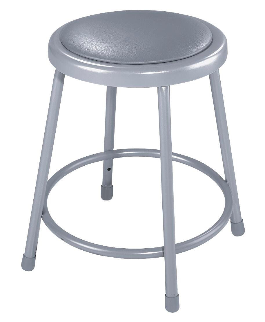 STOOL - NATIONAL PUBLIC SEATING HEAVY DUTY STEEL STOOL - VINYL PADDED INSET - BACKREST - 18 INCH FIXED HEIGHT - GRAY
