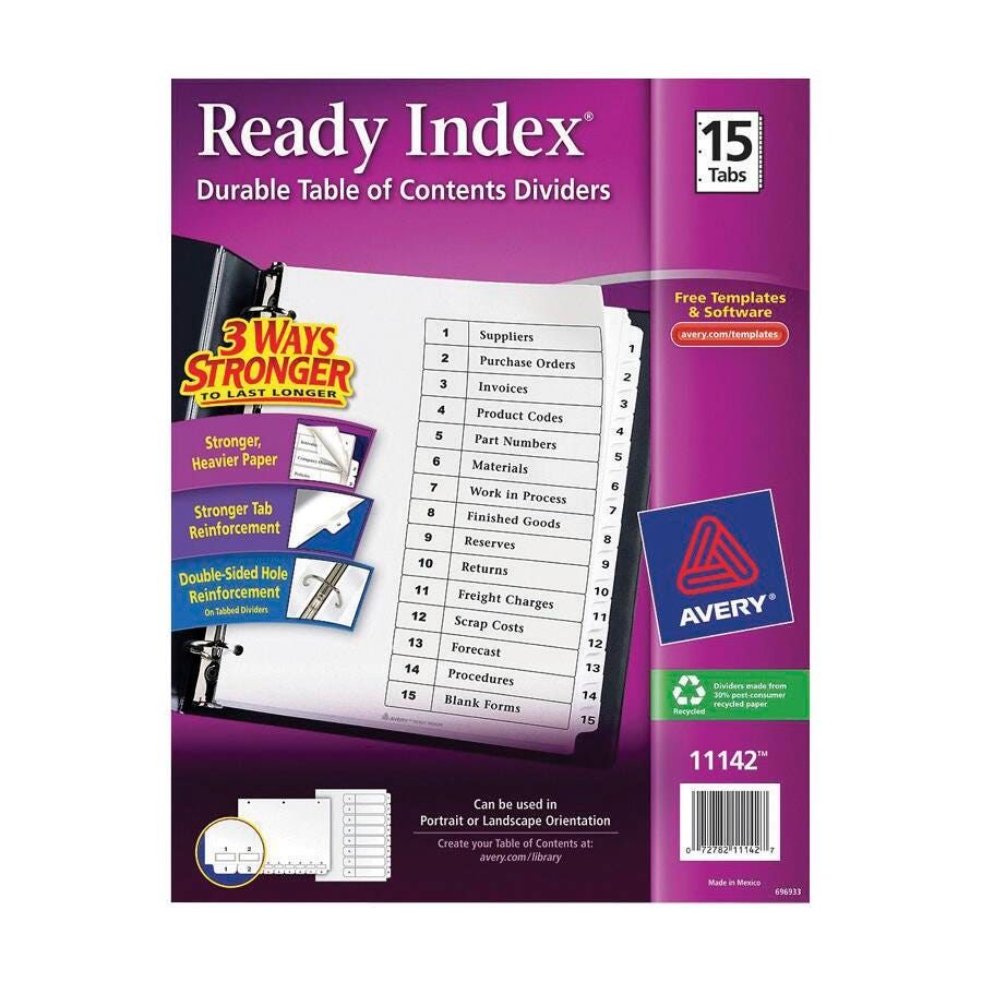 INDEX DIVIDER 15 TAB 1-15 BLACK/WHITE 1 SET AVE11142