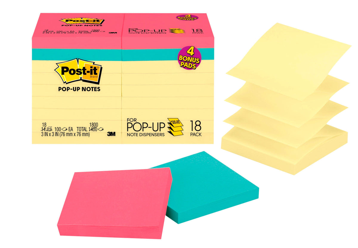 POST-IT POPUP NOTE 3X3 CANARY YELLOW W/4 BONUS PADS PK OF 18