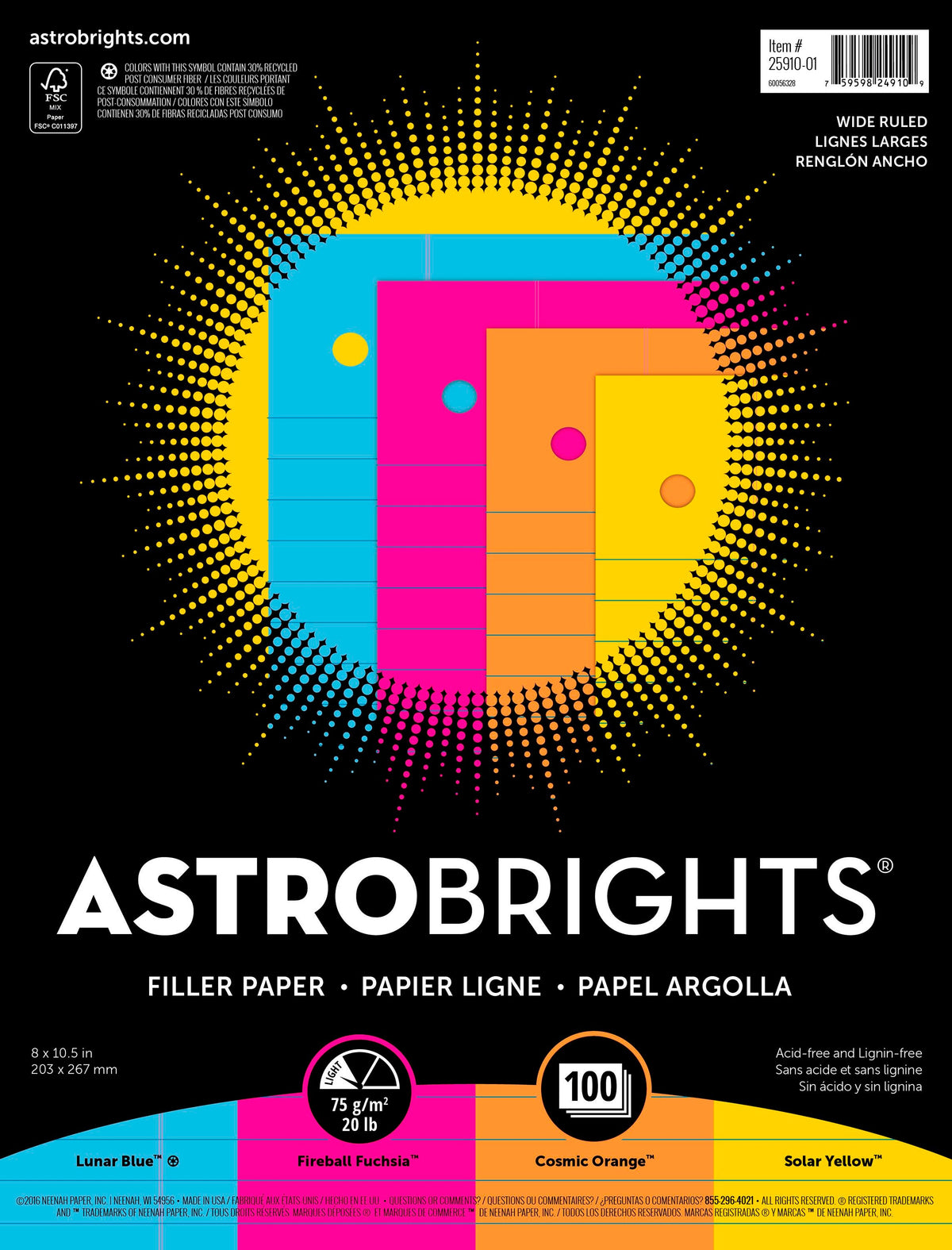 PAPER 4 COLOR WIDE RULED ASTROBRIGHT FILLER PAPER 20LB 8X10.5 PK OF 100