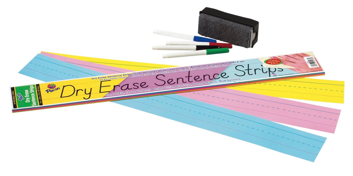 PAPER SENTENCE STRIPS DRY ERASE PACON 3X24 IN ASST COLORS PK OF 30