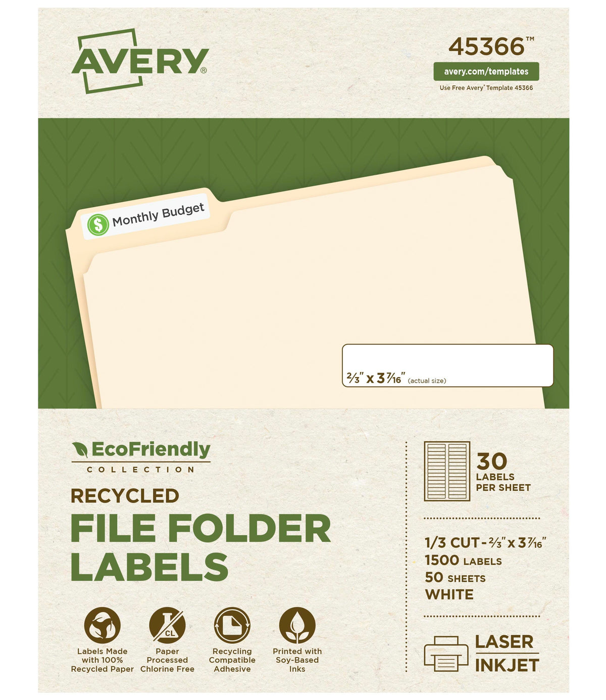 LABEL ECOFRIENDLY FILE FOLDER 2/3 X 3-7/16 IN PK OF 1500 AVE45366
