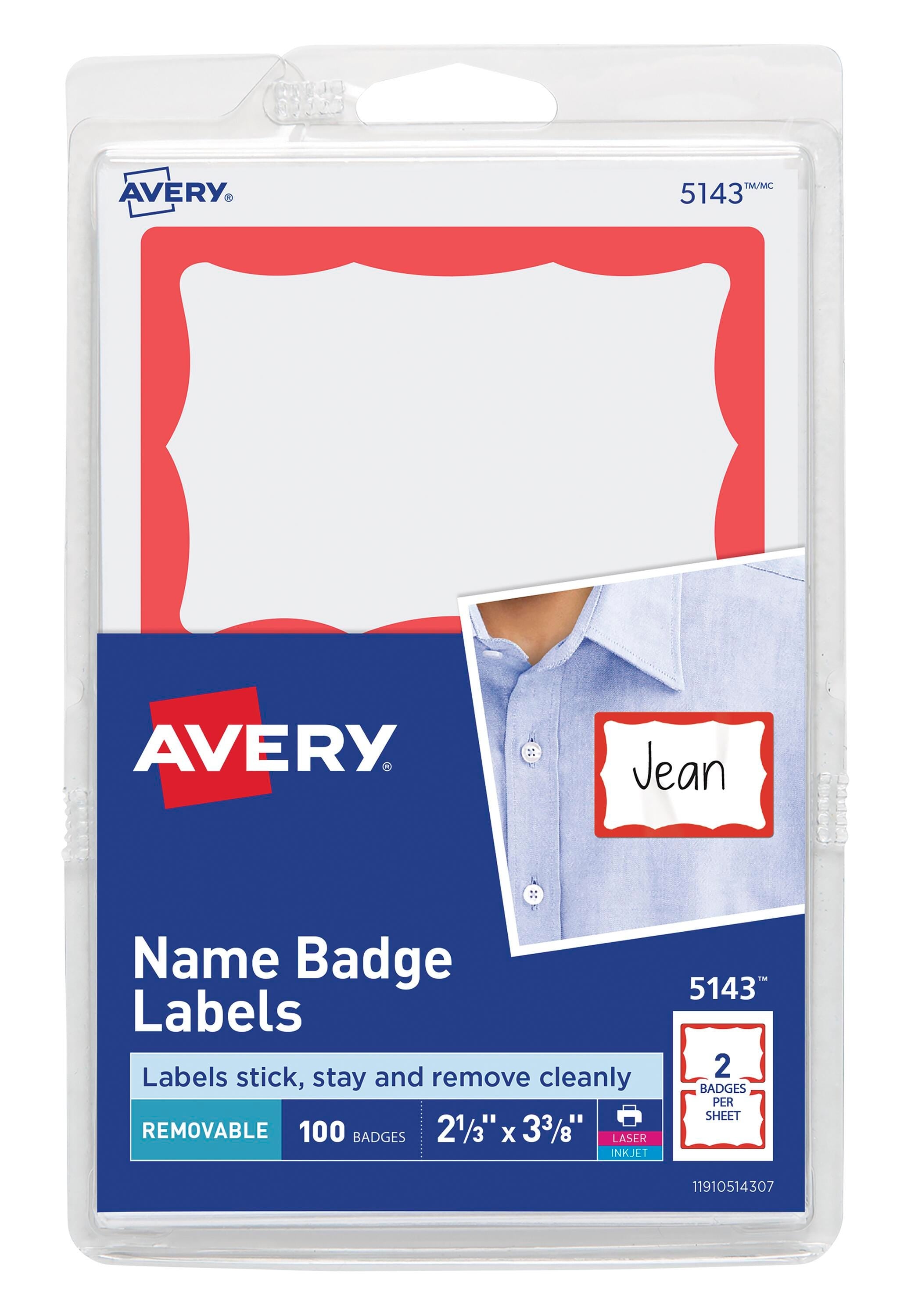 NAME BADGE ADHESIVE 2-1/3X3-3/8 IN RED PK OF 100 AVE5143