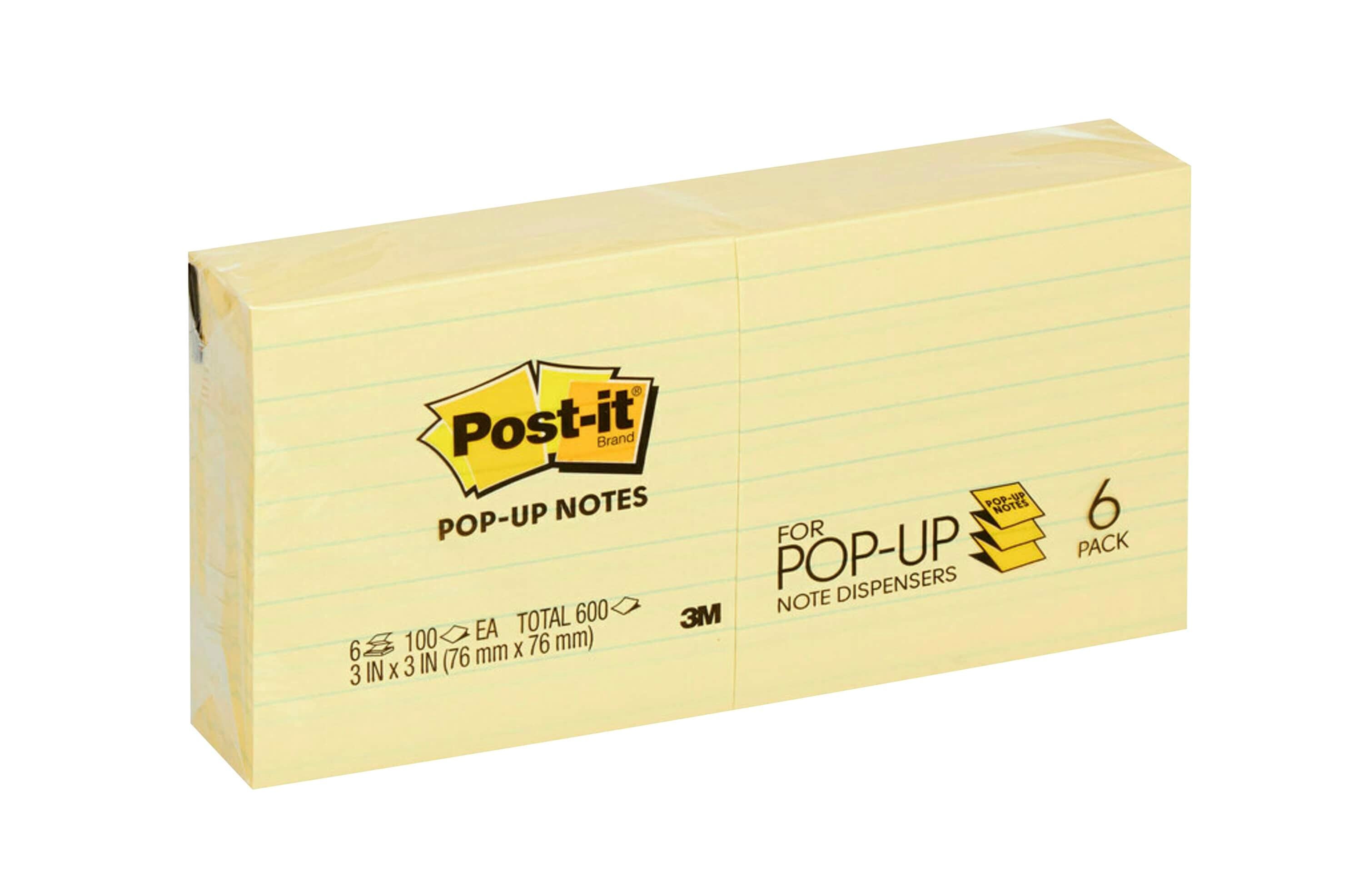 POST-IT POP-UP LINED NOTES 3 X 3 IN CANARY YELLOW PACK OF 6
